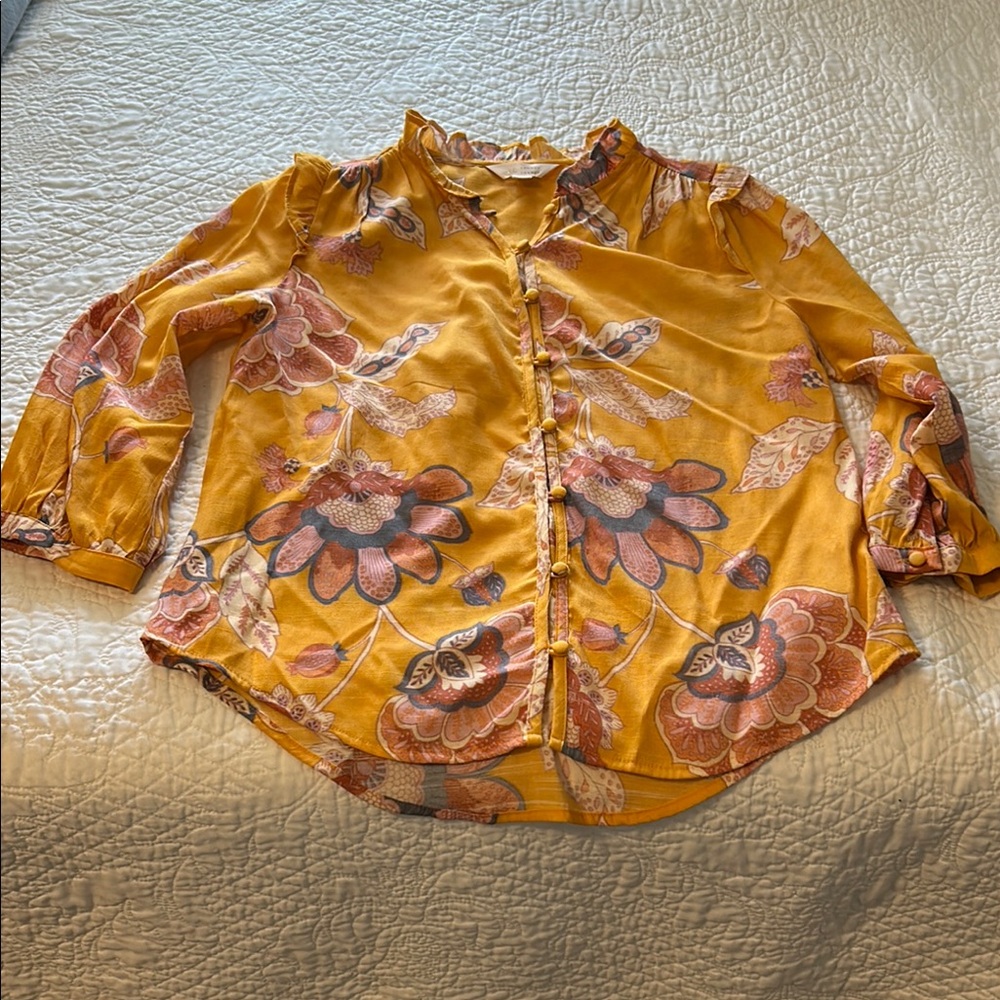 Floral Button-Up Blouse in Mustard and Pink